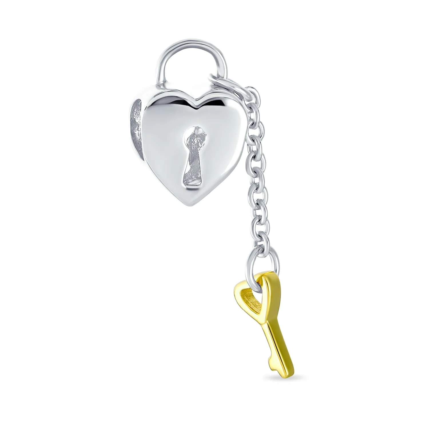 Vintage Two Tone Heart Lock & Key Charm Bead 14K Gold Plated Sterling Silver