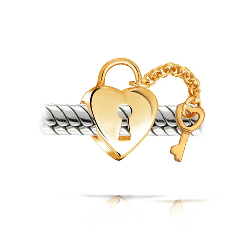 Vintage Two Tone Heart Lock & Key Charm Bead 14K Gold Plated Sterling Silver