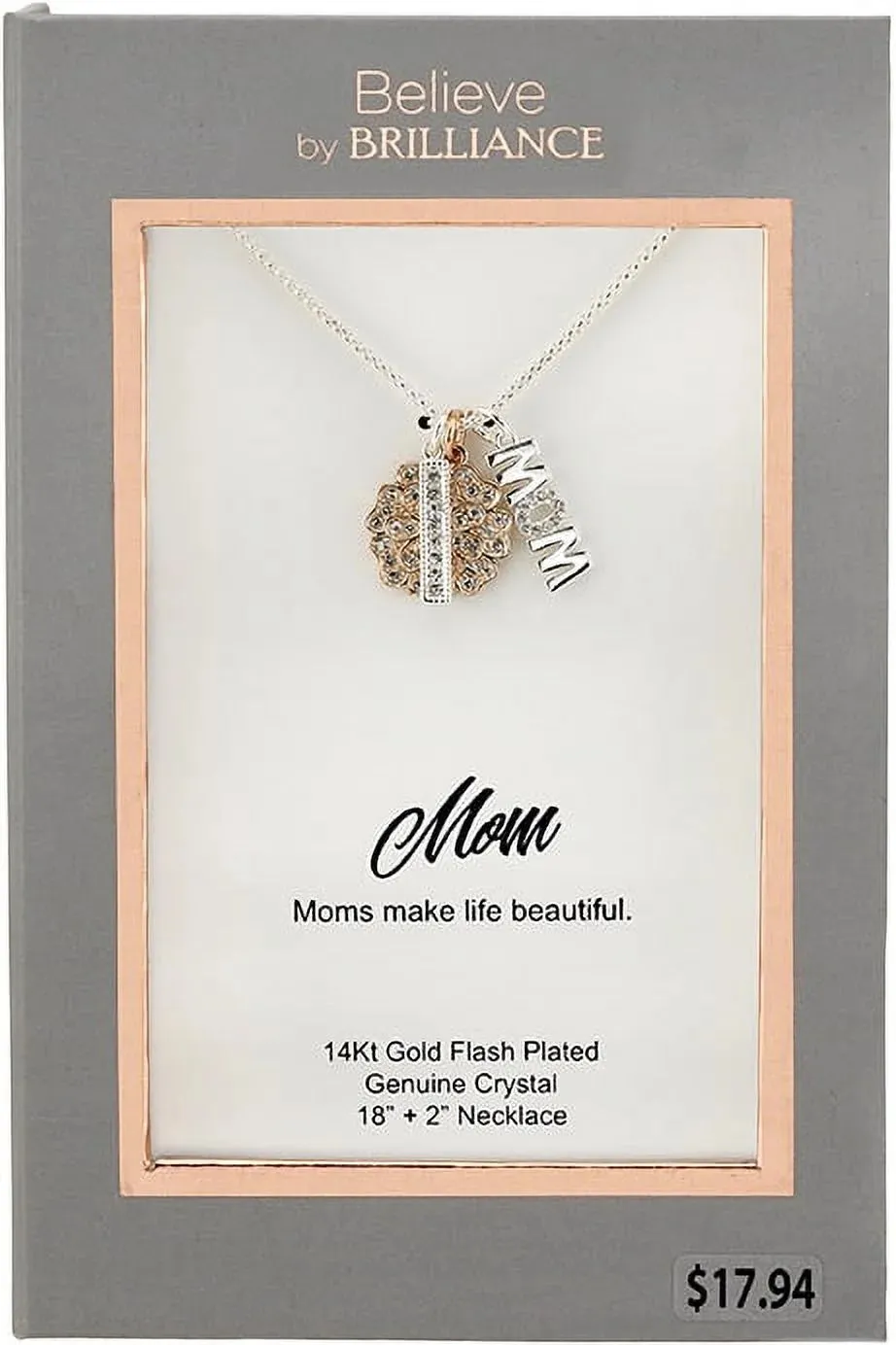 Women's 14Kt Gold Flash Plated Genuine Crystal "Mom" Flower Pendant Necklace