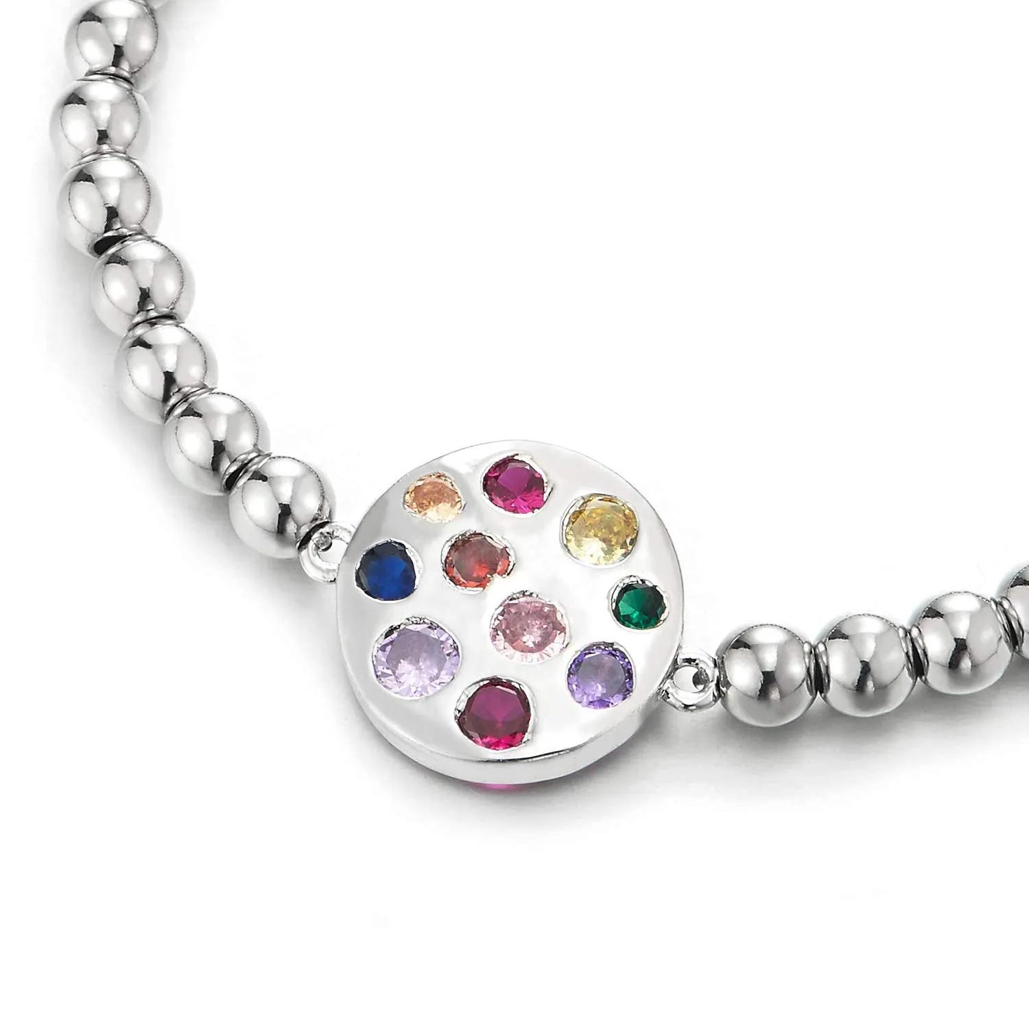 Womens Beads Link Chain Bracelet with Colorful Cubic Zirconia Pave Circle Disc, Unique